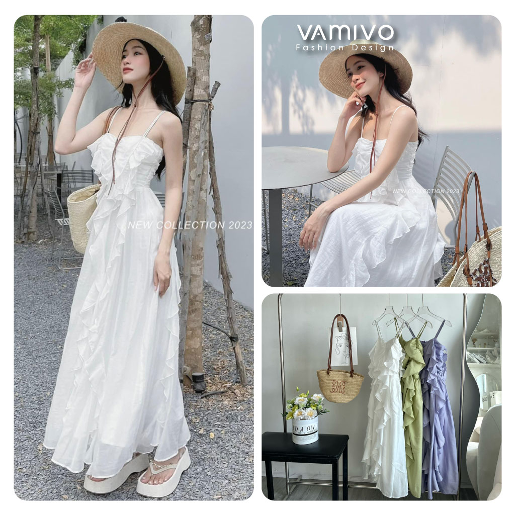 Váy đi biển đầm maxi VDB01, váy tơ hai dây bèo sóng Vamivo, tổng hợp các mẫu đi biển, may kỹ loại đẹp, nhận hàng là mê