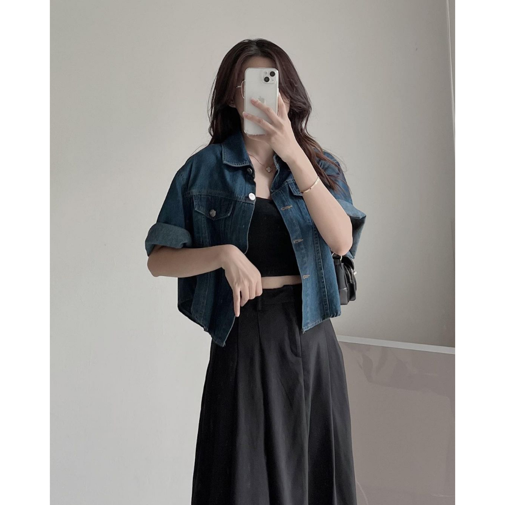 Áo denim jean kiểu crotop dáng lửng ngắn tay siêu xinh