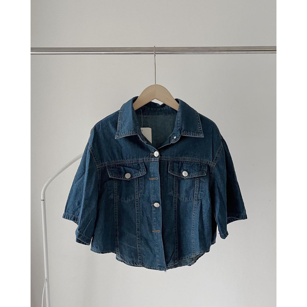 Áo denim jean kiểu crotop dáng lửng ngắn tay siêu xinh