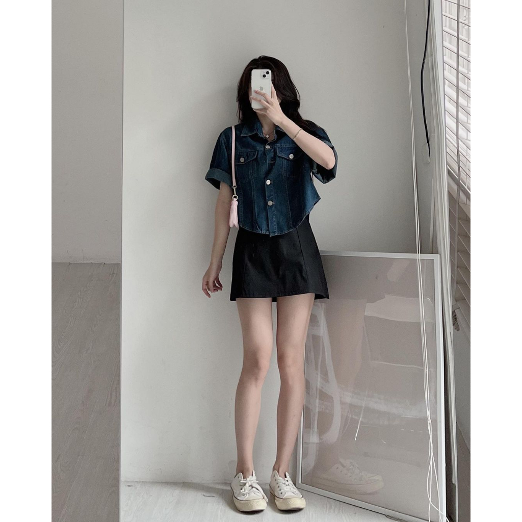 Áo denim jean kiểu crotop dáng lửng ngắn tay siêu xinh
