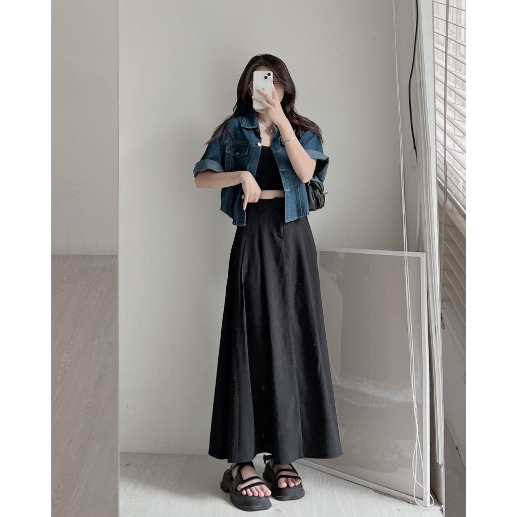 Áo denim jean kiểu crotop dáng lửng ngắn tay siêu xinh