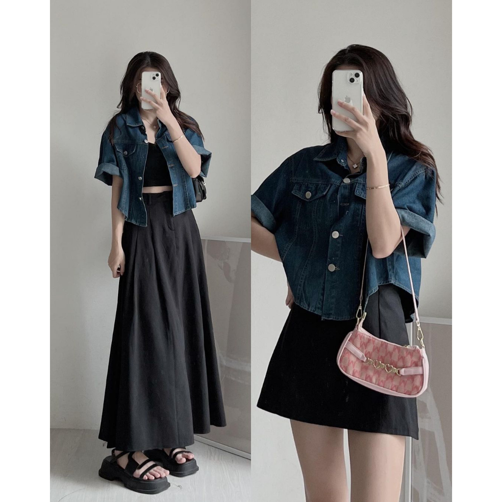 Áo denim jean kiểu crotop dáng lửng ngắn tay siêu xinh