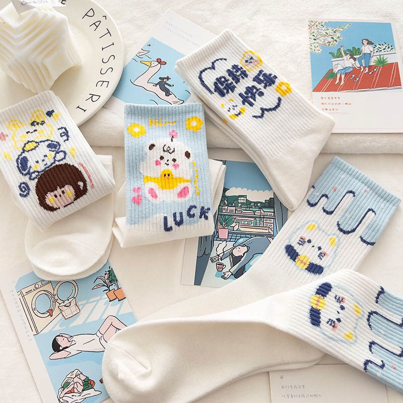 Tất vớ nữ cổ cao họa tiết hoạt hình siêu đáng yêu, set 5 đôi chất liệu cotton thoáng khí - Sope Shop