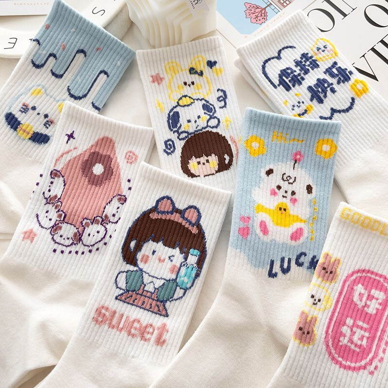 Tất vớ nữ cổ cao họa tiết hoạt hình siêu đáng yêu, set 5 đôi chất liệu cotton thoáng khí - Sope Shop