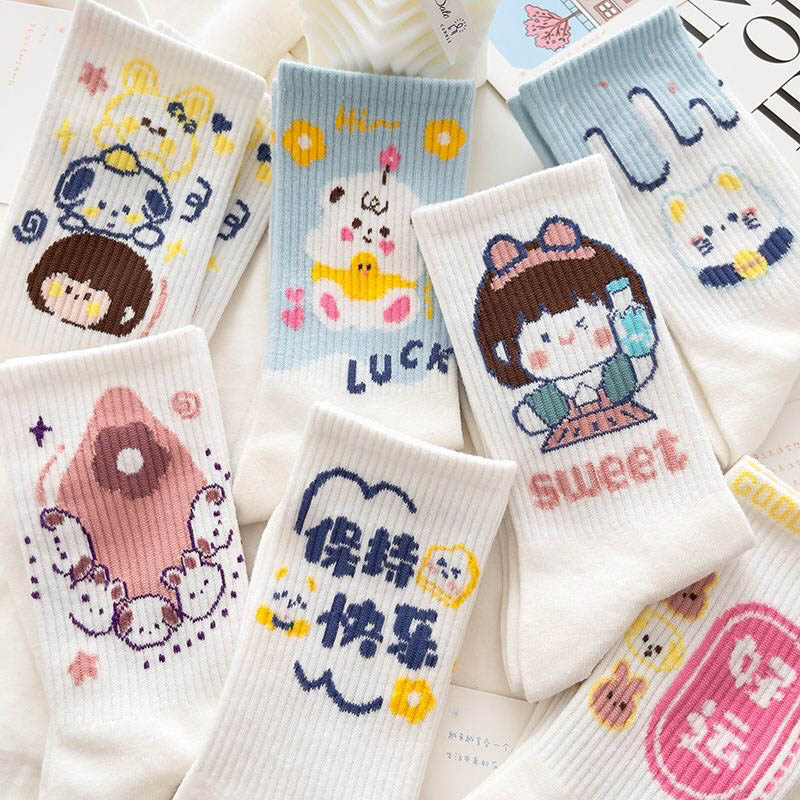 Tất vớ nữ cổ cao họa tiết hoạt hình siêu đáng yêu, set 5 đôi chất liệu cotton thoáng khí - Sope Shop