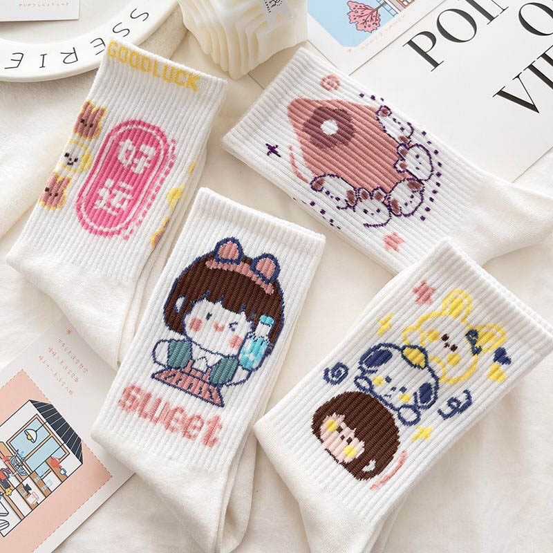 Tất vớ nữ cổ cao họa tiết hoạt hình siêu đáng yêu, set 5 đôi chất liệu cotton thoáng khí - Sope Shop