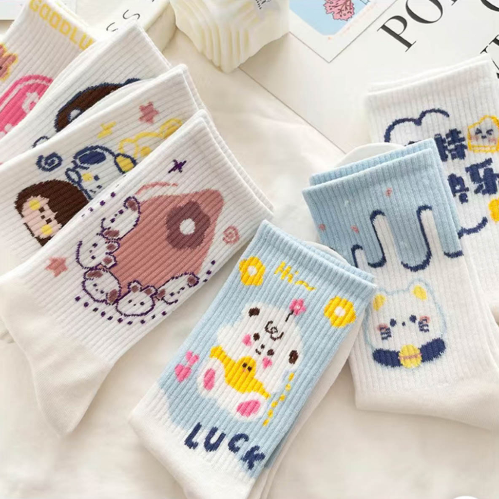 Tất vớ nữ cổ cao họa tiết hoạt hình siêu đáng yêu, set 5 đôi chất liệu cotton thoáng khí - Sope Shop