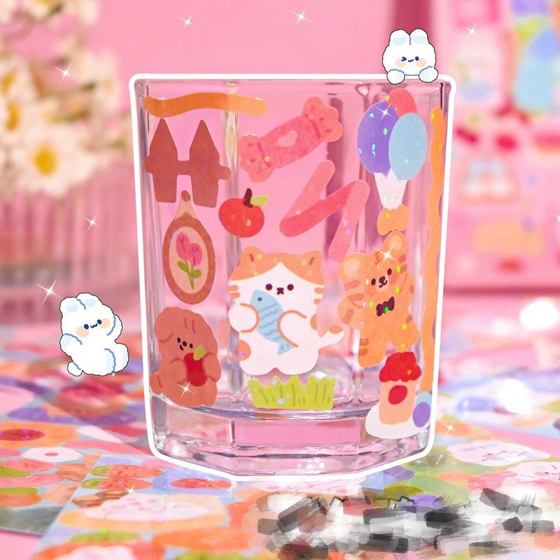 Sticker động vật cute, sticker ruy băng Set 5/10/15/30 miếng dán PVC động vật lấp lánh chống thấm nước dễ thương