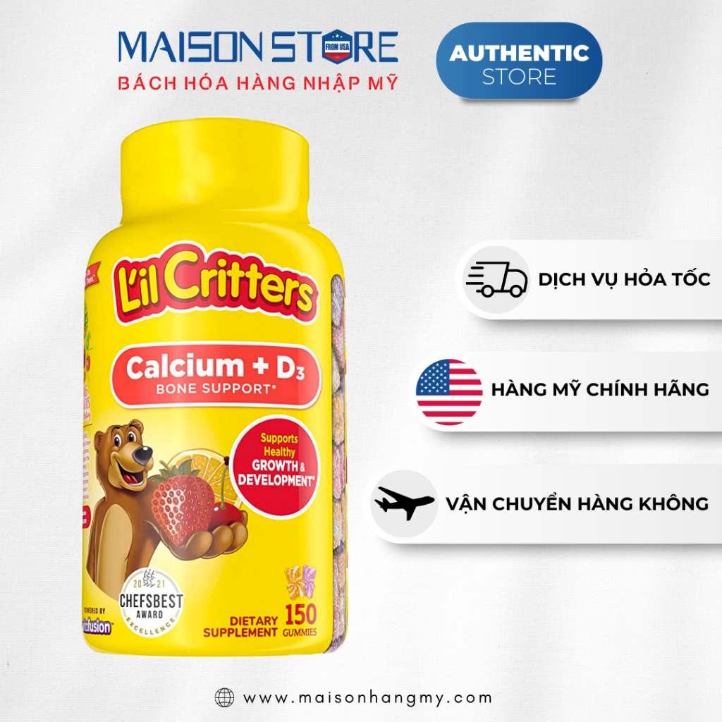 KẸO GẤU L'IL CRITTERS BỔ SUNG CALCIUM + D3 CHO BÉ (150 viên) - Hàng Nhập USA Chính Hãng