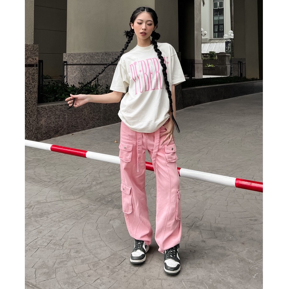 Áo thun,áo phông UNISEX FORM “PINK LOGO PUBERTY” TEE cho nam nữ