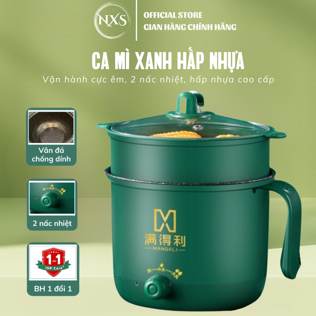 Nồi lẩu mini ca nấu mì 2 nấc nhiệt 18cm chống dính thế hệ mới có tay cầm tặng kèm giá hấp tiện dụng bảo hành 12 tháng