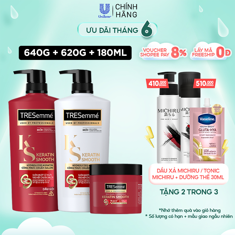 Combo Gội 640g, Xả 620g &amp; Ủ 180ml Tresemme Keratin Smooth Với Dầu Dưỡng Tóc Argan &amp; Keratin Vào Nếp Suôn Mượt