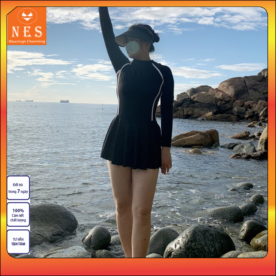 Bikini Đồ bơi nữ liền thân khóa kéo sành điệu, váy bơi dài tay có quần bảo hộ,áo tắm biển Nes VLCV01