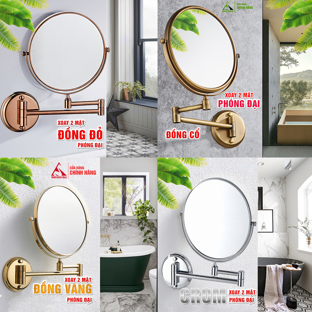 Gương trang điểm treo tường phòng tắm Minh House, phóng đại xoay 360, 2 mặt