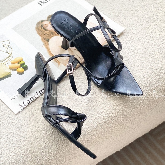 Giày sandal cao gót nữ NySmile 7P gót nhọn mũi nhọn 2 quai chéo thắt nút - The NySmile - MULA