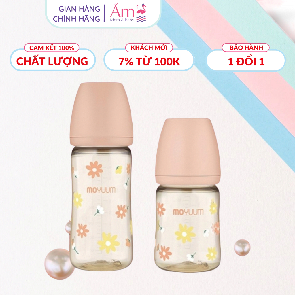 Bình Sữa Moyuum Nội Địa Hàn Quốc Hoa Cúc PP Bởi Ấm Baby Nhựa PPSU Núm Silicon Siêu Mềm Cho Bé 170ml/ 270ml Ấm Gift Decor