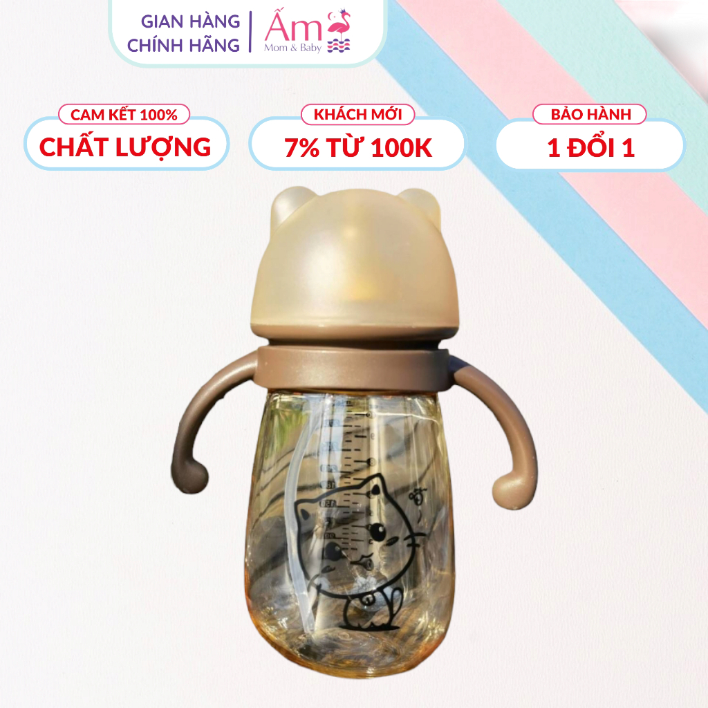 Bình Sữa Cổ Rộng PPSU Hình Mèo Ấm Baby Dung Tích 300ml Chống Sặc Cho Bé Ấm Gift Decor