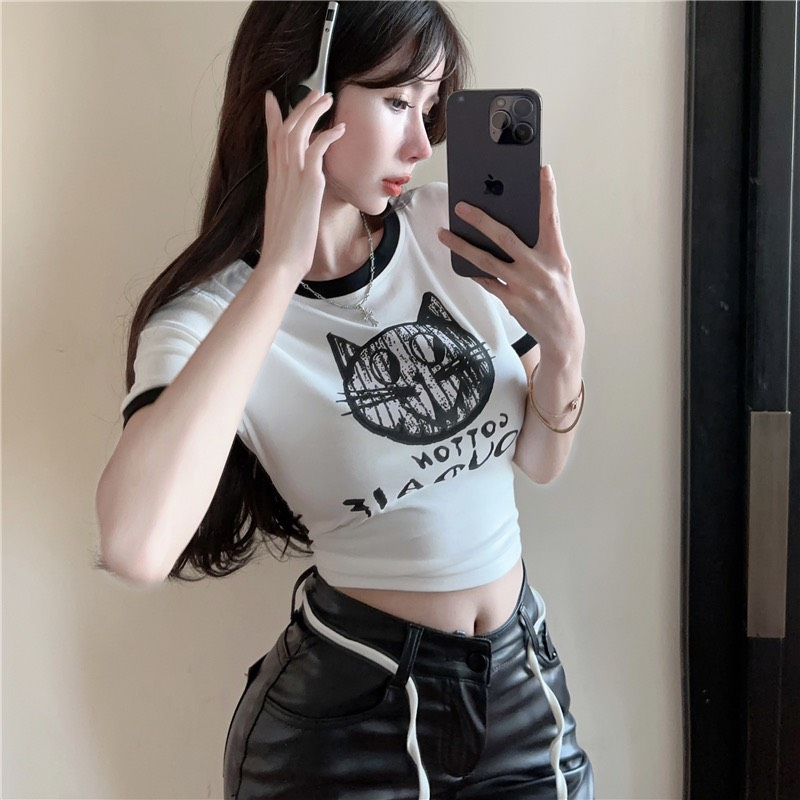 Áo thun nữ cộc tay hình mèo HAGA áo cộc tay thiết kế buộc eo phong cách Hàn Quốc AMEO901