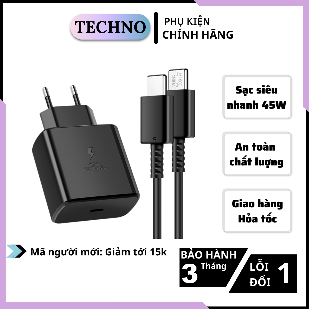 Bộ Củ Cáp Sạc Nhanh Sam. Sung 45W Dây Sạc Type C - Type Ccho Dòng Note 10/Note20/S20/S21/S22/Galaxy Tab