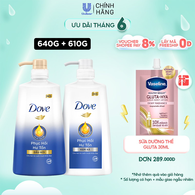 Bộ sản phẩm Dove Phục Hồi Hư Tổn dầu gội 640g + kem xả 610g