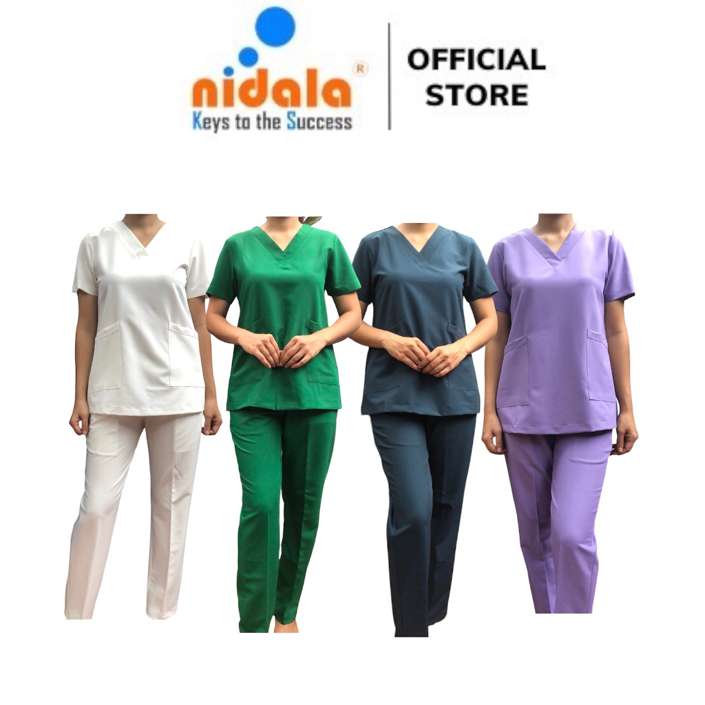 Bộ Scrubs cổ V cao cấp trắng, xanh, tím NIDALA đồng phục spa, thẩm mỹ viện ,phòng khám, phòng mổ, nha khoa (In miễn phí)