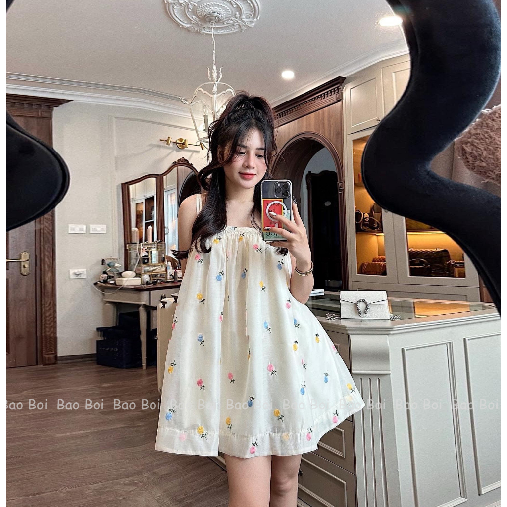 Áo 2s tơ thêu hoa nhí, Áo xòe babydoll, Bảo Bối Clothing