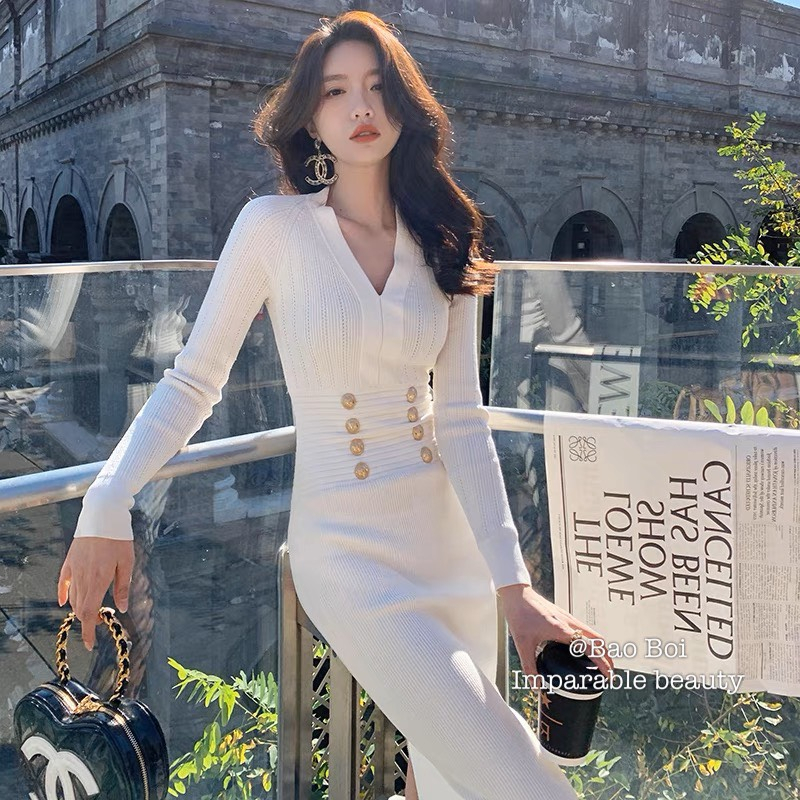 Váy len balmain dáng dài, Váy trắng body, Bảo Bối Clothing