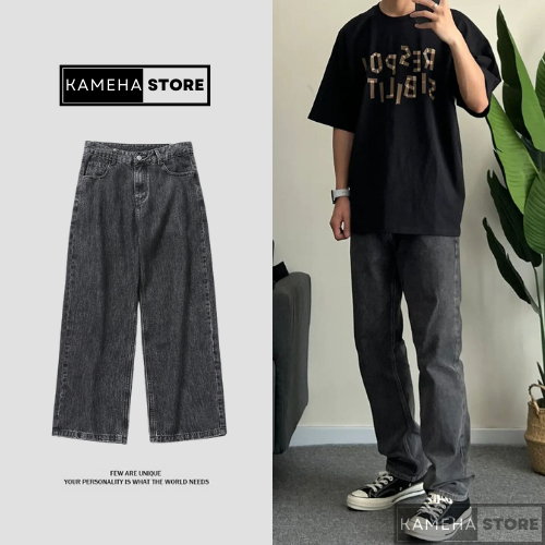 Quần Jean Ống Rộng Nam Nữ Form Đứng Kameha Store Màu Xám Dáng Suông Baggy - KMHQ01