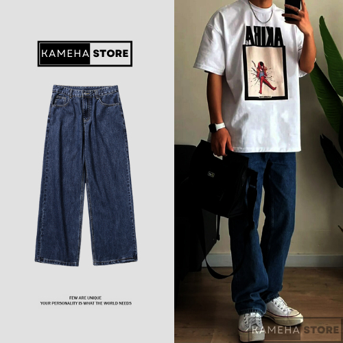 Quần Jean Ống Rộng Nam Nữ Form Đứng Kameha Store Màu Xanh Đậm Dáng Suông Baggy KMHQ05