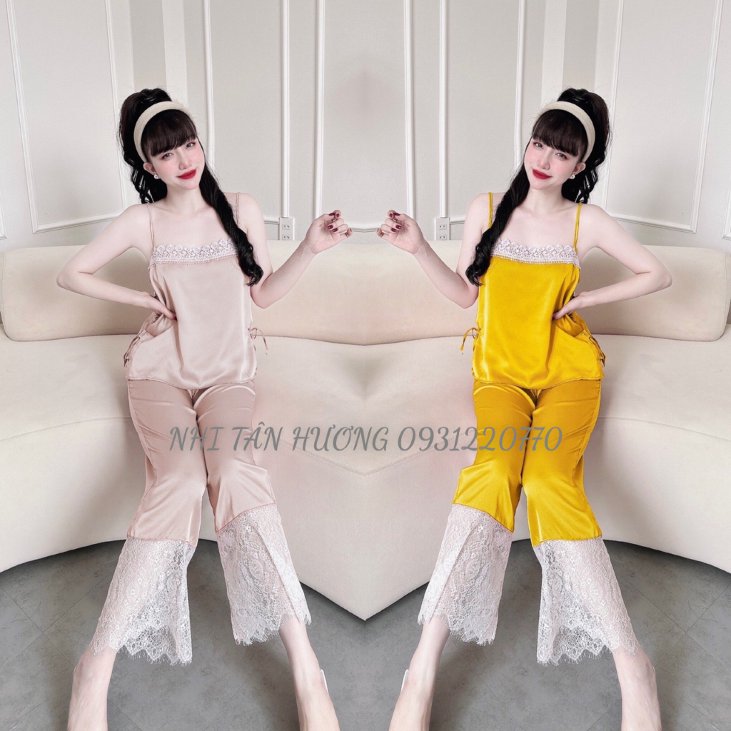 Bộ Mặc Nhà Nữ NHISTORE Quần Dài Lai Ren Áo 2 Dây Xẻ Sườn Sexy Freesize Dưới 57kg