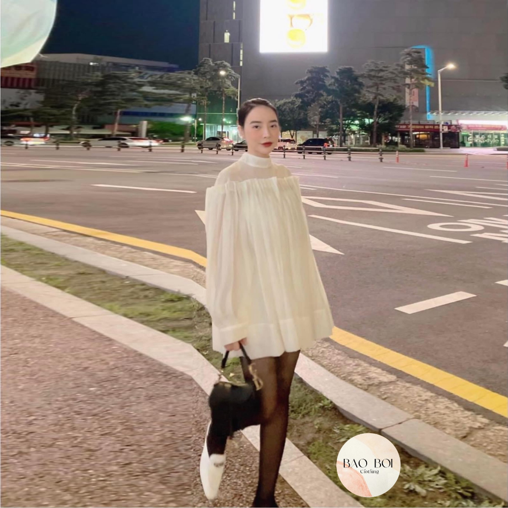 Váy tơ viền xếp li, Váy tơ nhũ cổ trụ, Bảo Bối Clothing