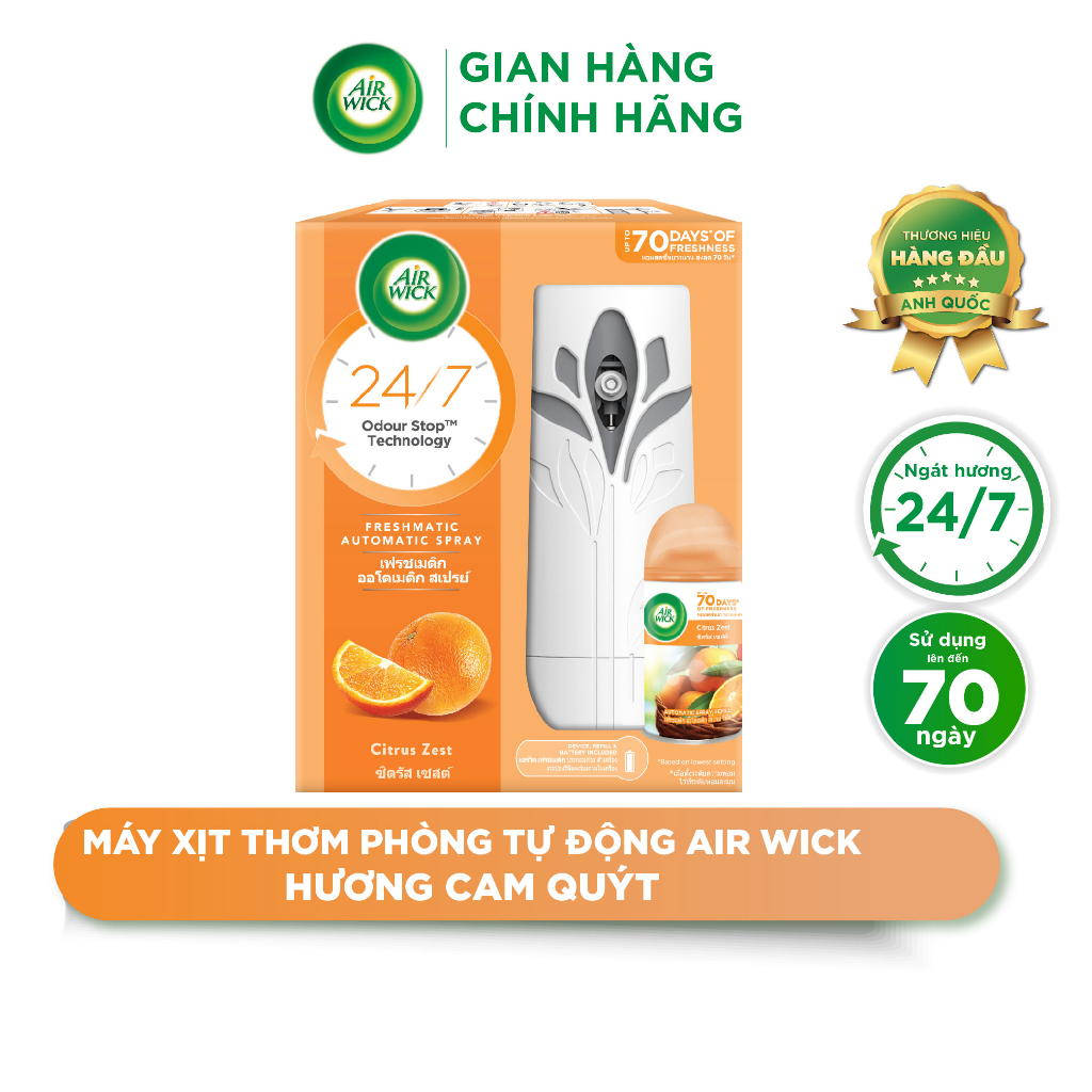 Máy xịt thơm phòng tự động AIRWICK Hương Cam Quýt (Anh Quốc)| Hương Trái Cây Tươi Mát Cho Mọi Không Gian 250ml