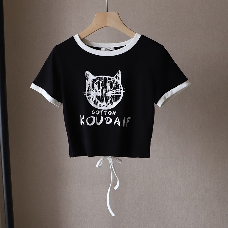Áo thun nữ cộc tay hình mèo HAGA áo cộc tay thiết kế buộc eo phong cách Hàn Quốc AMEO901