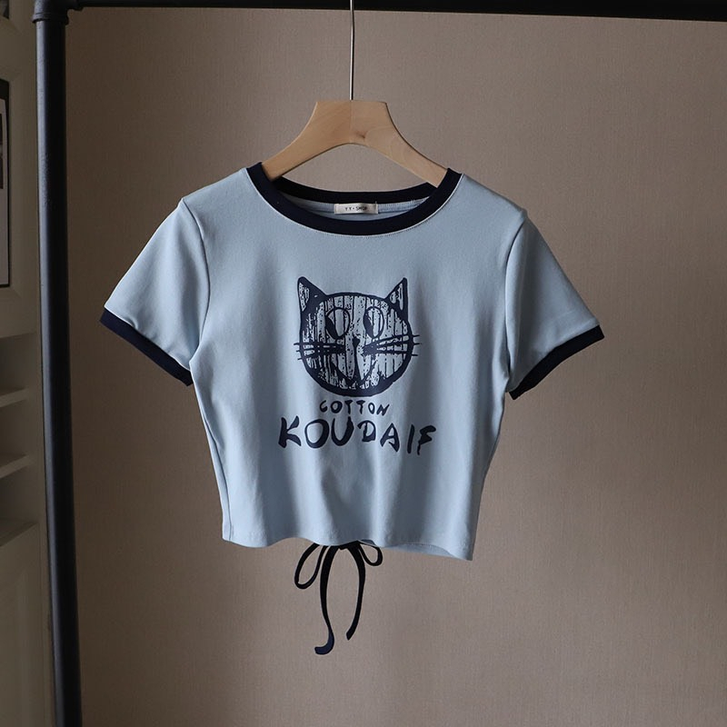 Áo thun nữ cộc tay hình mèo HAGA áo cộc tay thiết kế buộc eo phong cách Hàn Quốc AMEO901