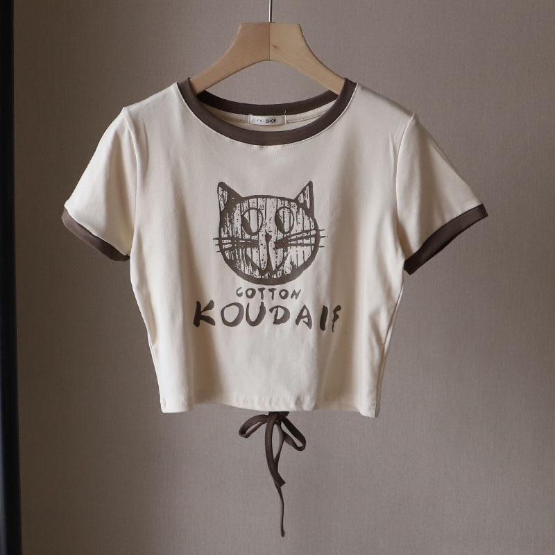 Áo thun nữ cộc tay hình mèo HAGA áo cộc tay thiết kế buộc eo phong cách Hàn Quốc AMEO901