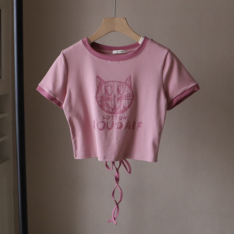 Áo thun nữ cộc tay hình mèo HAGA áo cộc tay thiết kế buộc eo phong cách Hàn Quốc AMEO901