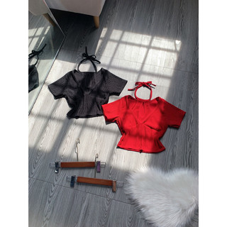 Áo xốp kiểu croptop cổ yếm cột dây