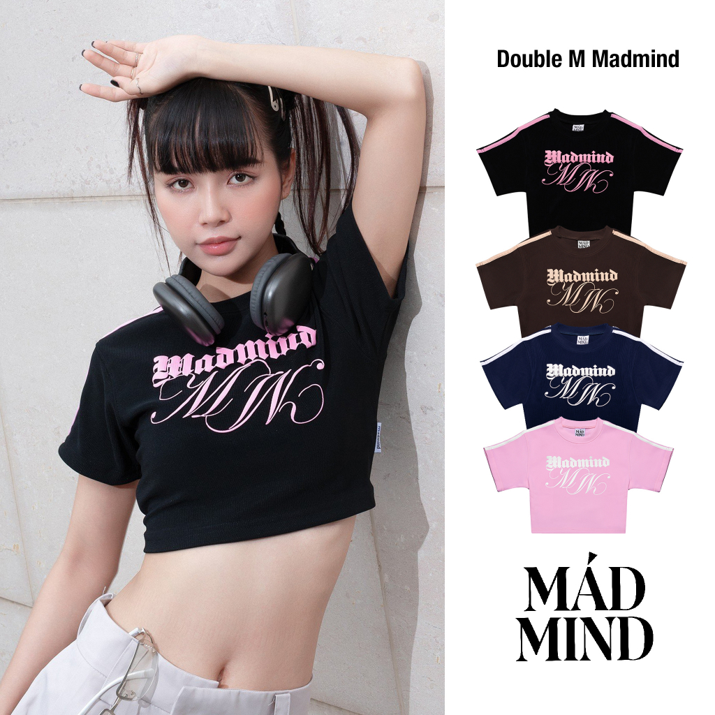 MADMIND® Chính Hãng - Áo Phông Croptop Phối 2 Sọc Sang Chảnh,Tay Ngắn Double M - Form Ôm Body - Đen / Xanh / Nâu / Hồng