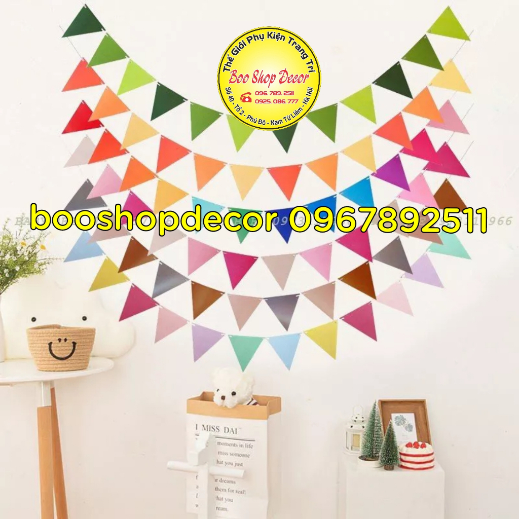 Dây cờ tam giác sắc màu trơn trang trí sinh nhật, party, kỷ yếu