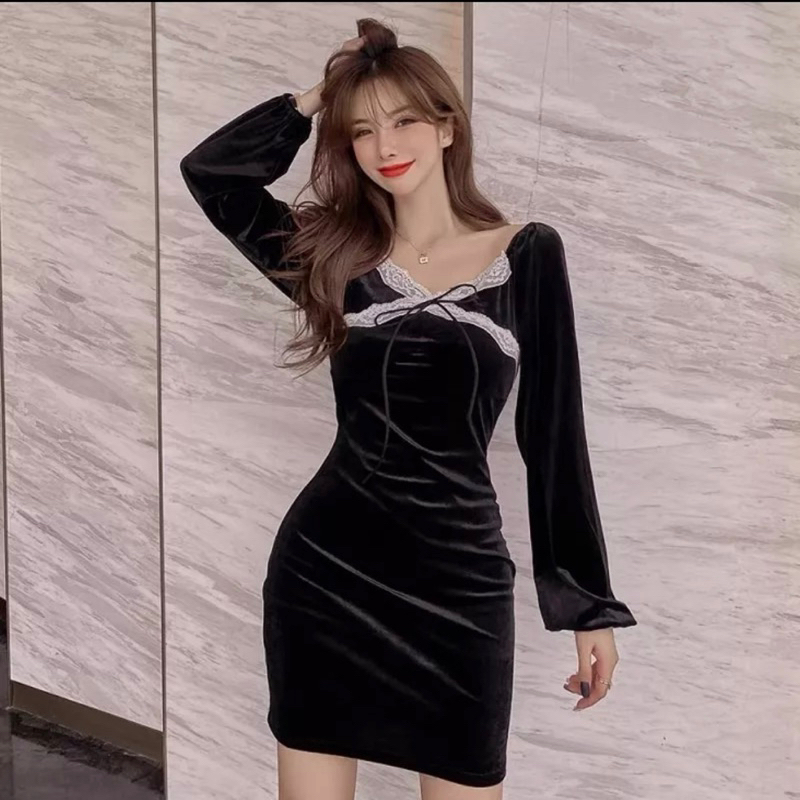🖤Đầm ôm body nhung cổ vuông thắt nơ sang chảnh đi tiệc|Đầm dự tiệc rúm eo sexy quyến rũ ulzzang