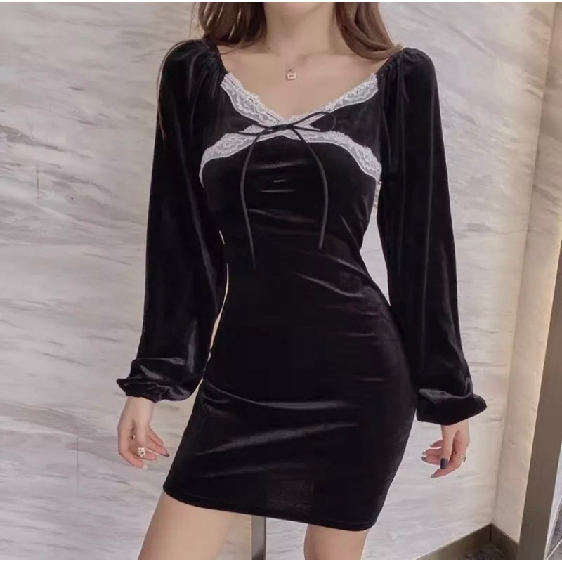 🖤Đầm ôm body nhung cổ vuông thắt nơ sang chảnh đi tiệc|Đầm dự tiệc rúm eo sexy quyến rũ ulzzang