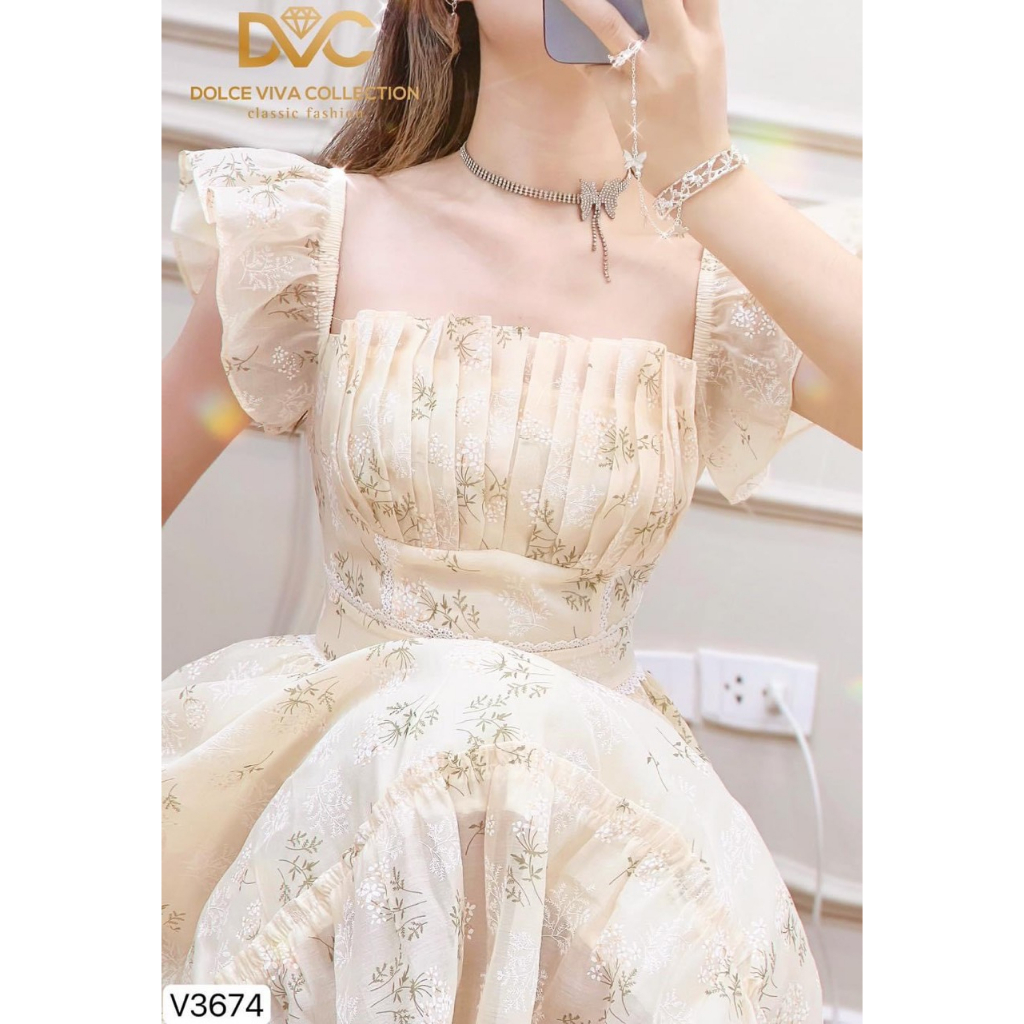 Váy hoa nhí màu vàng nhạt tay cánh tiên dáng dài V3674