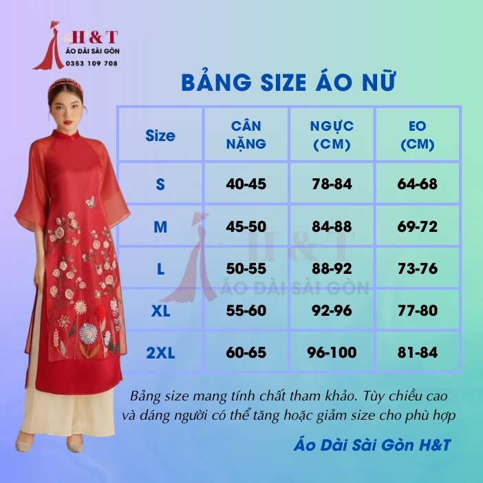 Áo dài cách tân nữ chất tơ organza xanh thiết kế áo 4 tà đính kết họa tiết nổi hình thiếu nữ - Áo Dài Sài Gòn H&T