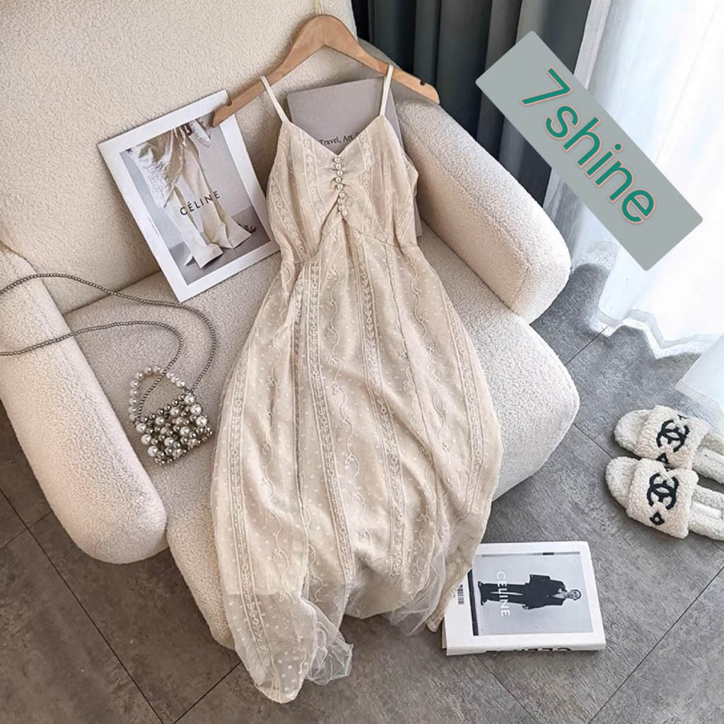 Đầm dự tiệc hai dây dáng dài Vintage tiểu thư sang chảnh thời trang-7shine
