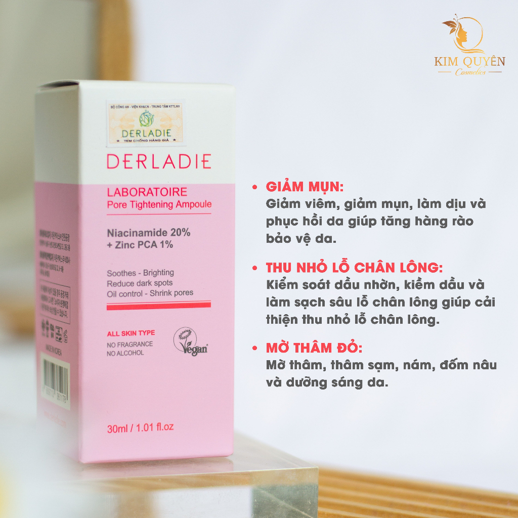 Serum Giảm Mụn, Thu Nhỏ Lỗ Chân Lông DERLADIE Laboratoire Pore Tightening Ampoule Niacinamide 20%+ ZinC PCA 1% 30ml