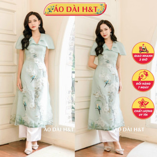 [Giao 2h HCM] Áo dài cách tân tiểu thư kiêu sa đính họa tiết nổi màu xanh bắt mắt	 - Áo Dài H&T