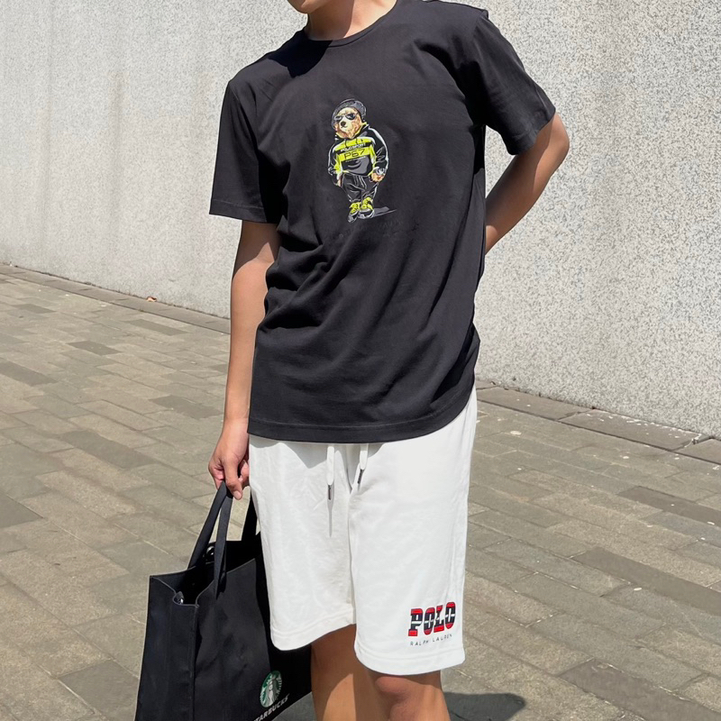 Áo thun unisex gấu Ralph Lauren Moto đen trắng hàng vnxk cao cấp