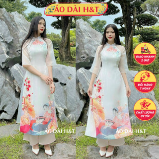 [Giao 2h HCM]Áo Dài Cách Tân Tơ Organza In Họa Tiết Thiếu Nữ -  Áo Dài Tết H&T