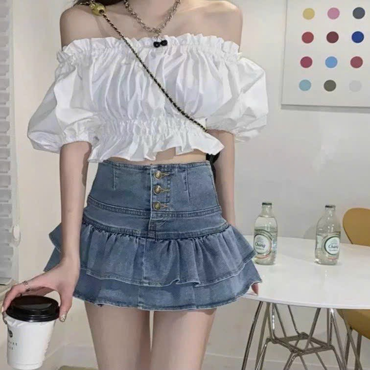 Váy jean hai tầng dáng xòe có kèm quần trong