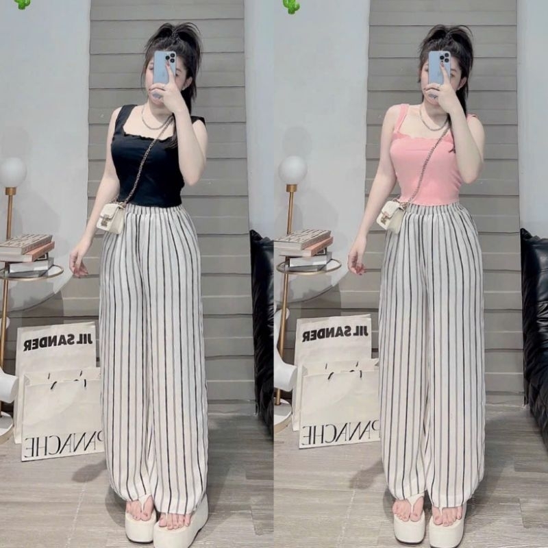 Set Bộ Áo Ba Lổ Kèm Quần Ống Rộng Kẻ Sọc Freesize